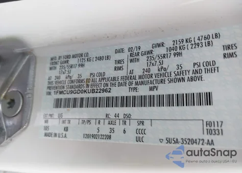 2019 Ford Escape Se z USA, uszkodzony, nr VIN 1FMCU9GD0KUB22962